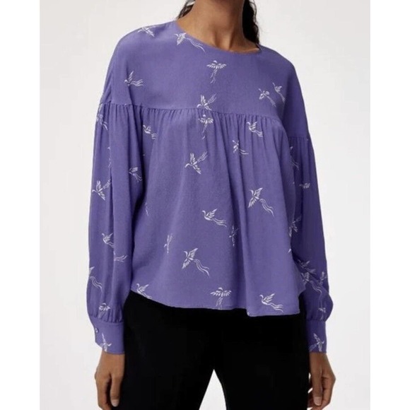 Wilfred Aritzia •XXS• Crane Bird Print Silk Crepe Blouse Top Keyhole Back $110 - Picture 2 of 10